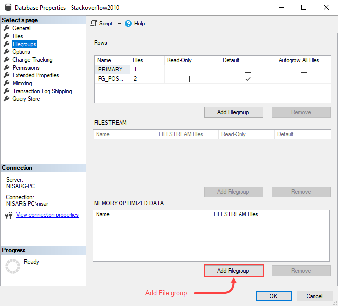 Add memory optimized filegroup