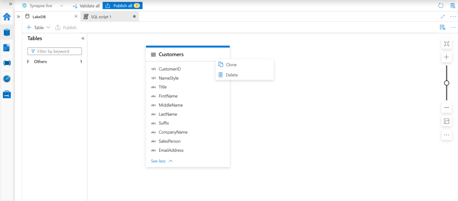 Configuring tables and relationships in Azure Synapse Lake Database