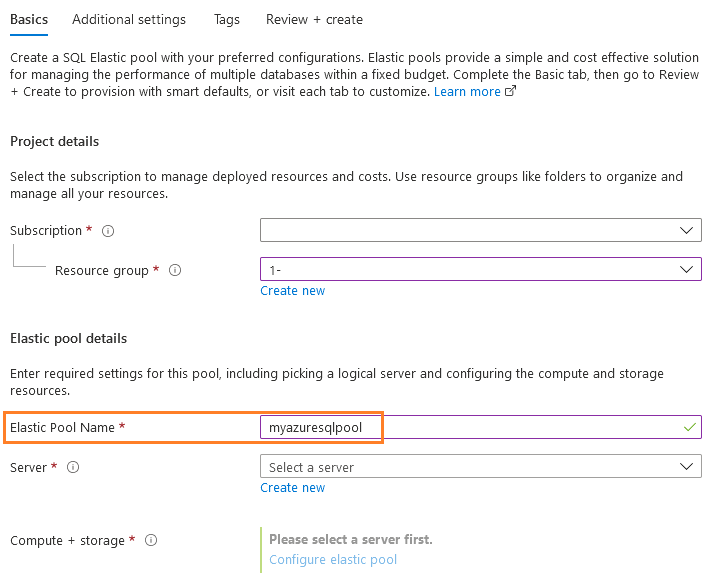 Create SQL Elastic Pool