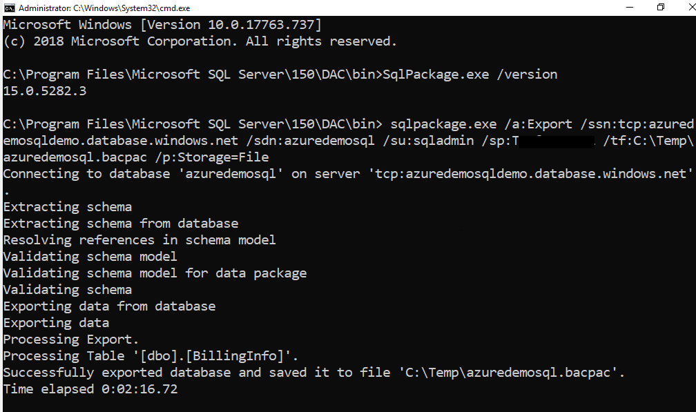 Exporter la base de données SQL Azure