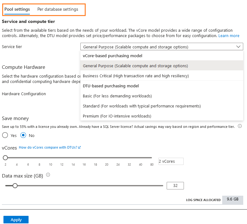 Pool Settings and Per database settings