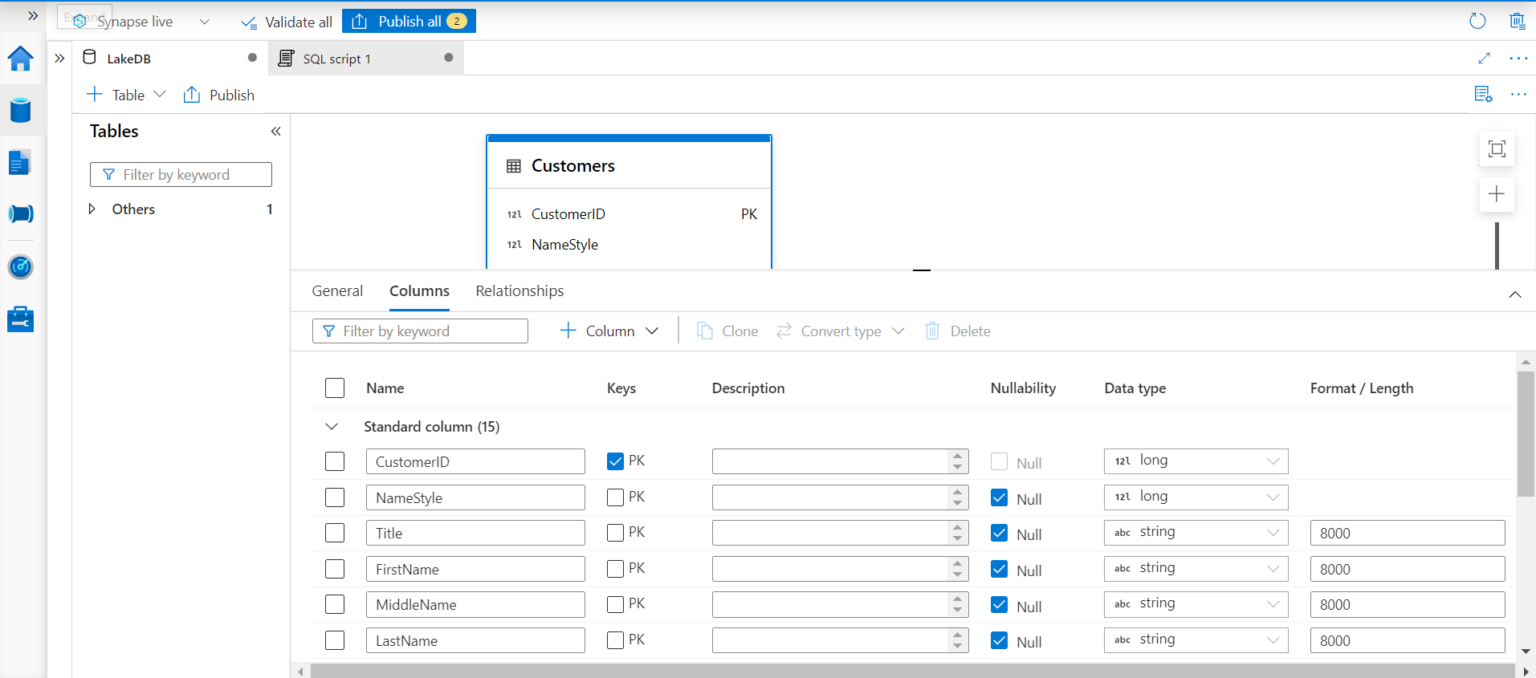 Configuring tables and relationships in Azure Synapse Lake Database
