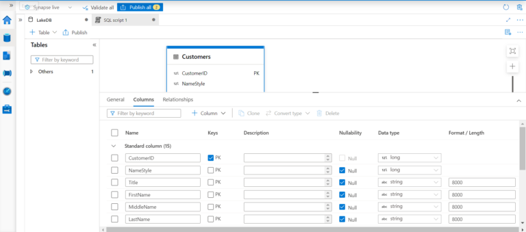 Configuring Tables And Relationships In Azure Synapse Lake Database