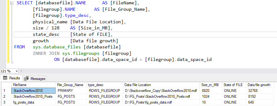 Просмотр файловой группы в базе данных SQL