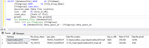 View list of filegroup of SQL database