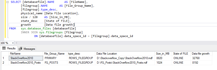 Просмотр списка файловых групп базы данных SQL