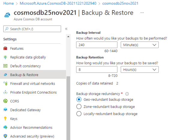 Check cosmos DB backup policy