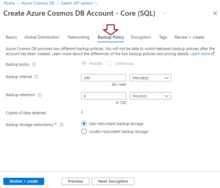 Configure Azure Cosmos DB backup policy