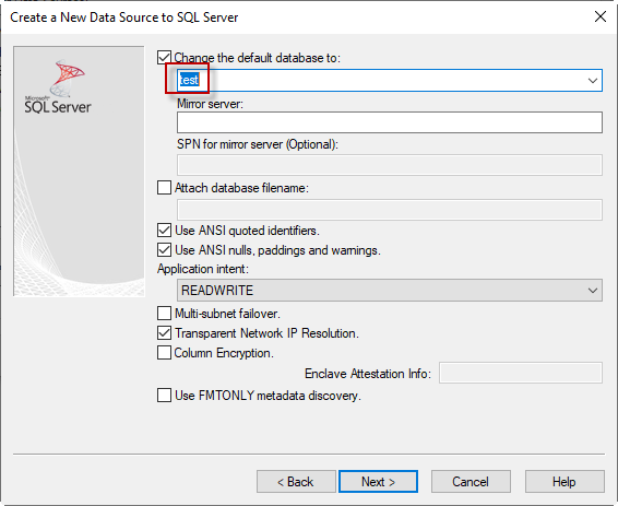 ODBC connection to test database