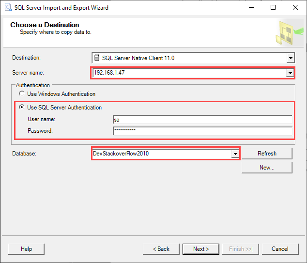 Select destination SQL database