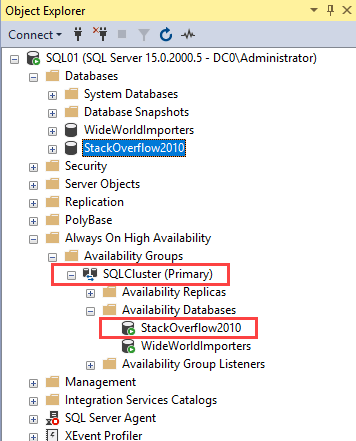 View SQL database under SQLCluster