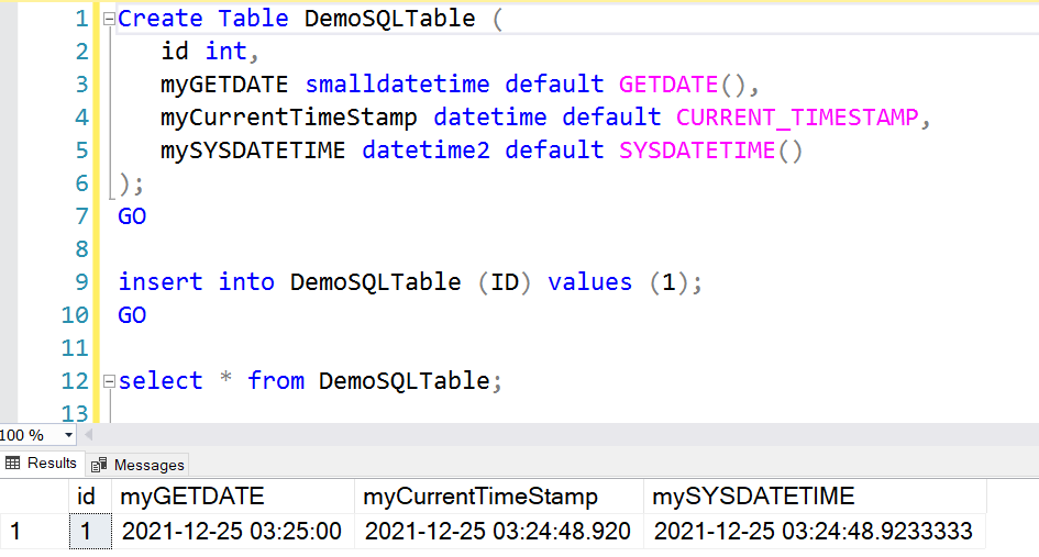 Create table with default values