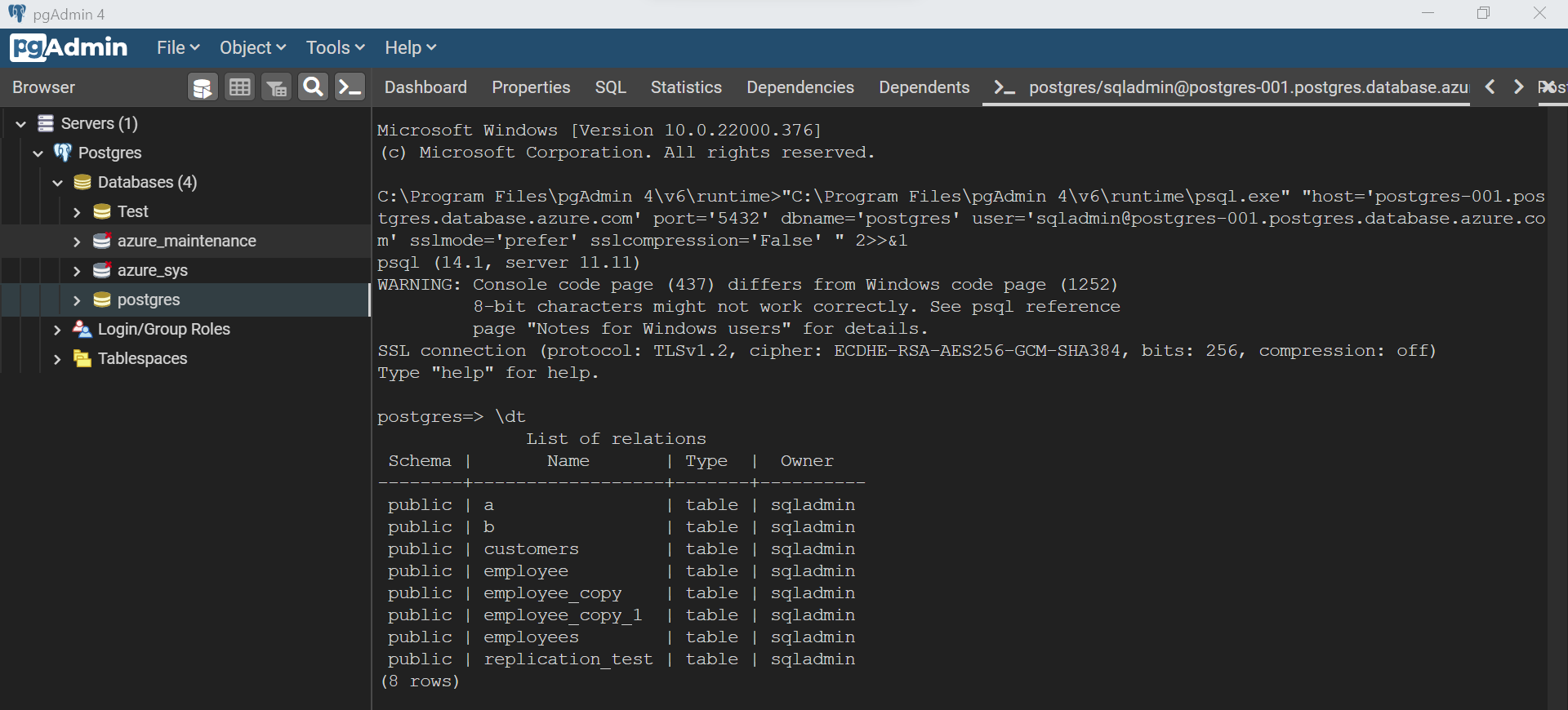 List Tables in Azure Database for PostgreSQL