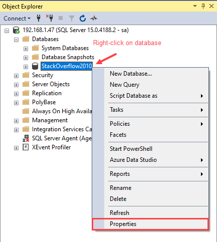 Open SQL database properties