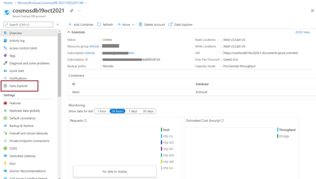 Access Azure Cosmos DB using Data Explorer