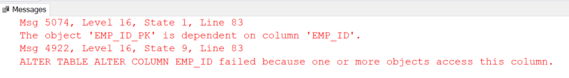 Error message showing while using ALTER TABLE command on EMP_ID column to change its data type to bigint type