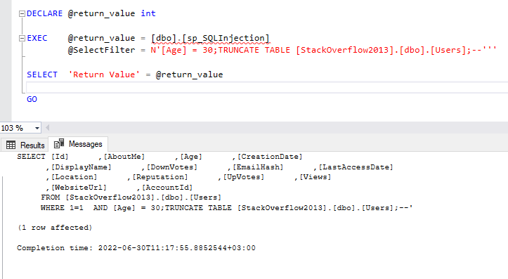 First example for sql injection attacks using dynamic SQL