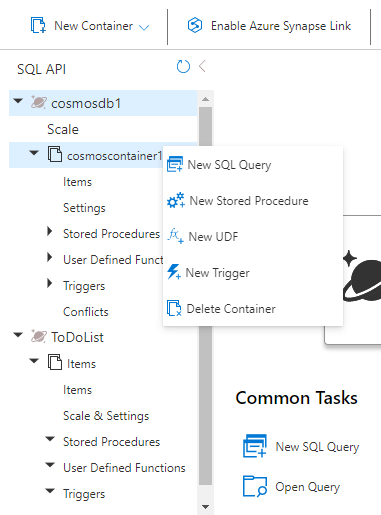 New container in SQL API tree