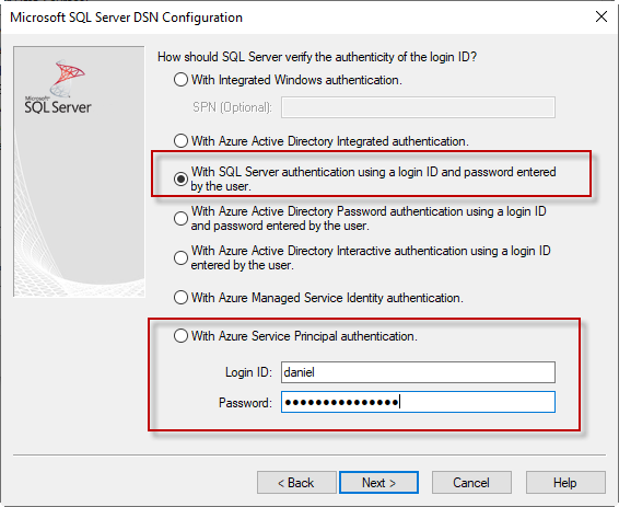 select azure authentication odbc