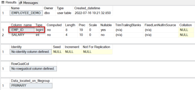 Using sp_help command showing column data type, EMP_ID columns is now bigint type