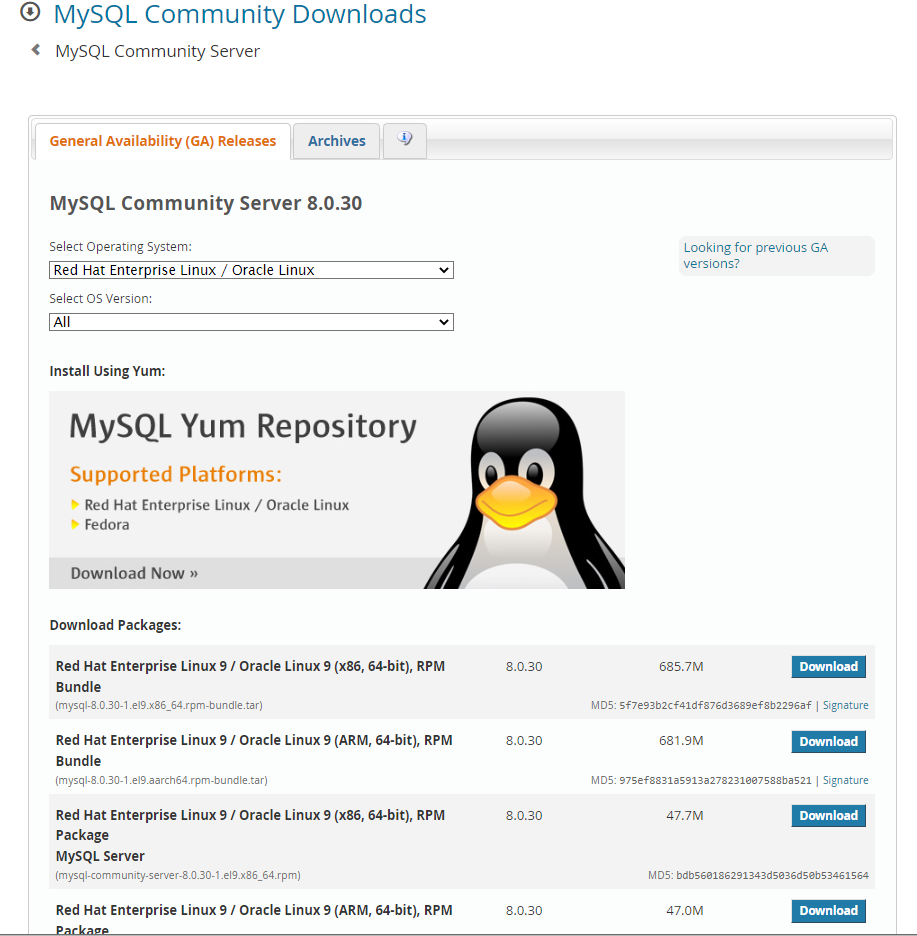 MySQL download screen