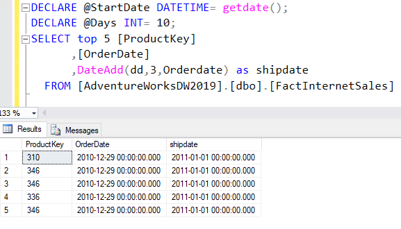 SQL query that returns the DATEADD function 