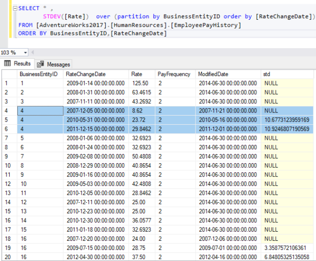 Using STDEV() sql standard deviation function over partitions