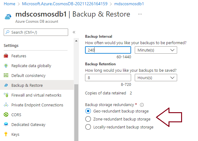 Backup & Restore tab of a cosmos db account