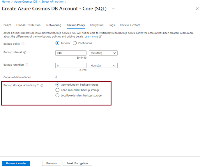 Backup Policy tab while provisioning Azure Cosmos DB account