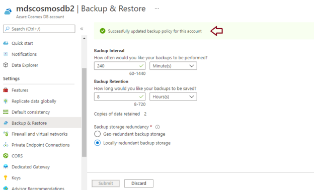 Backup storage redundancy updated for cosmos db account