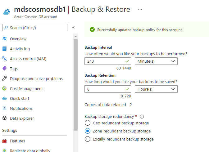 Backup storage redundancy updated for cosmos db account