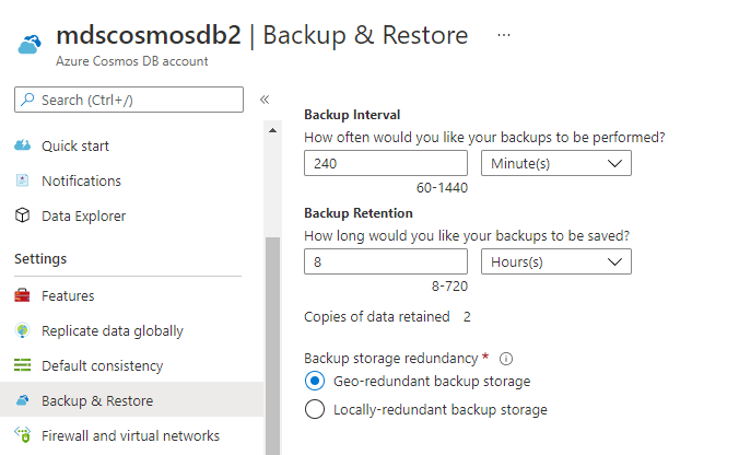 Check backup storage redundancy options for a cosmos db account provisioned in UAE north region