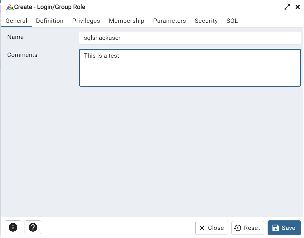 PostgreSQL tutorial to create a user - General tab