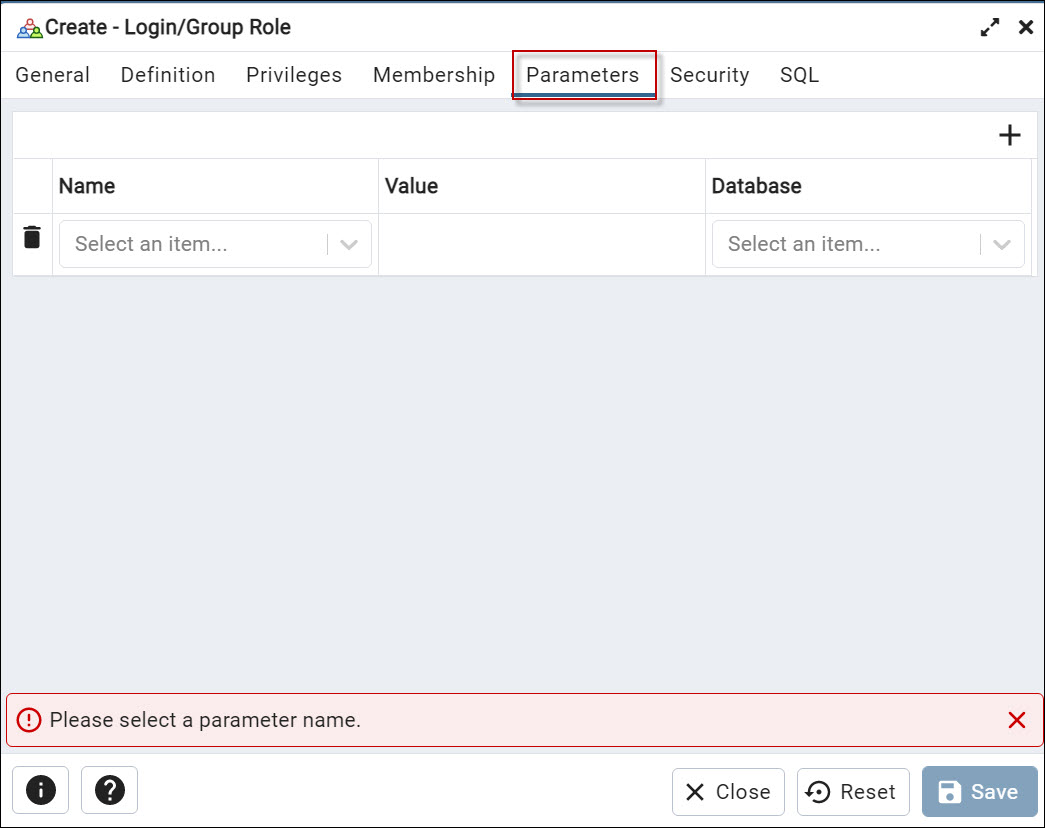 PostgreSQL tutorial to create a user -Parameter tab to create a login or group role
