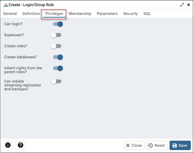 PostgreSQL tutorial to create a user -Privileges tab to create login