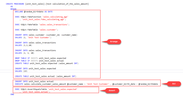 Reviewing the a SQL unit test details with detailed explanation