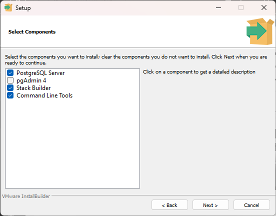 Selecting all components except pgAdmin 4 to install on your machine