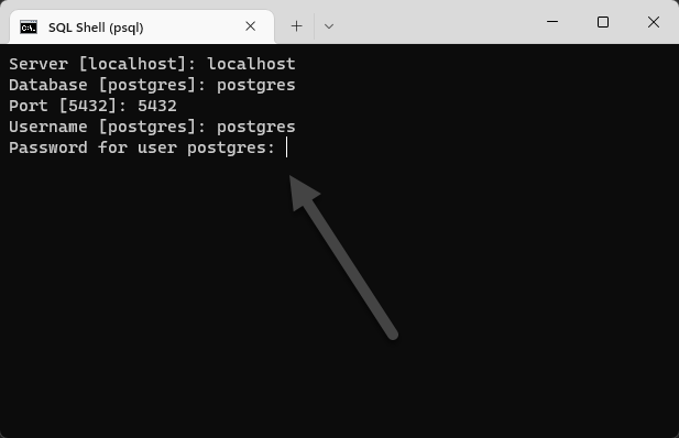 SQL Shell (psql command prompt) server, database, port, username and password