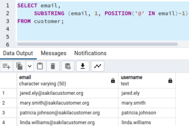 Work with the email addresses using the SUBSTRING function